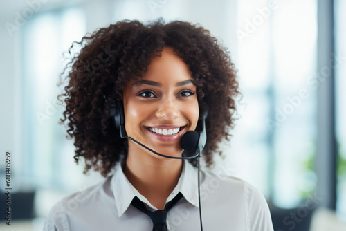 Portrait of happy african american businesswoman with headset in office