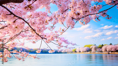桜の背景、水辺に咲く満開のサクラの花の風景