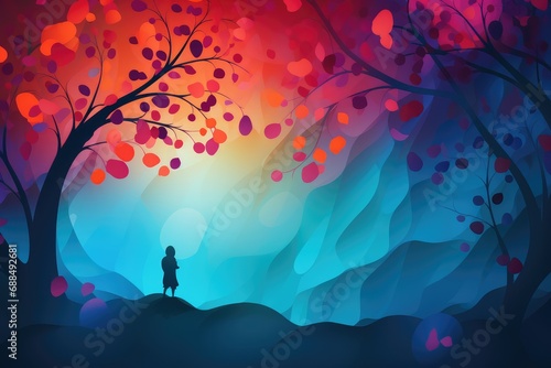 Silhouette of a girl on the background of a beautiful autumn forest. Abstract background for February: Creative Romance Month 