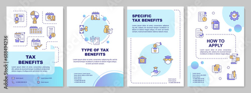 Tax relief blue gradient brochure template. Tax benefits. Leaflet design with linear icons. Editable 4 vector layouts for presentation, annual reports. Arial-Black, Myriad Pro-Regular fonts used