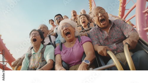 Happy senior people having fun on roller coaster at amusement park. Retirement concept
