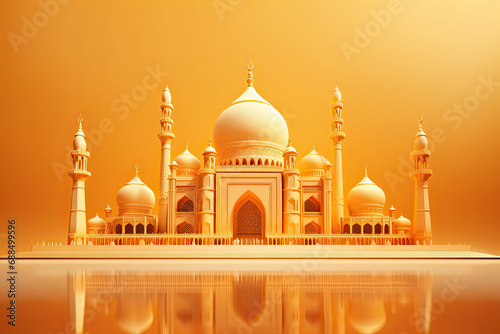 3d islamic mosque in gold and brown on orange background. islamic spirituality. ramadan kareem