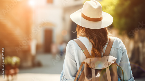 Holidays in Europe. Young woman wearing hat and backpack walking the European streets. Traveling, Europe trip, holidays tour, vacation. Back view. Tourist exploring new city