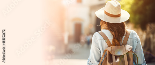 Traveling, Europe trip, holidays tour, vacation banner. Tourist is exploring city. Young woman wearing hat and backpack walking the European streets. Travel agency, tour operator web line. Copy space
