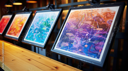Vibrant ski trail maps displayed on wooden board