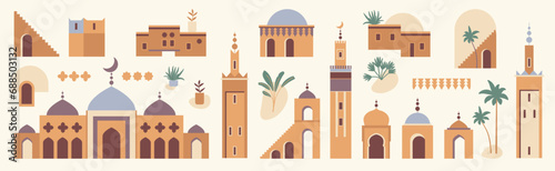 Architecture vector set. Morocco inspired flat illustration with mosque, tower, house, plants, palm trees. Graphic collection of earthy colored buildings clip art. Abstract Moghul design template