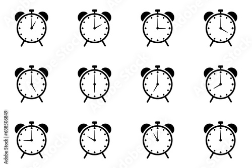 alarm clock icon, set collection alarm clock black and white background
