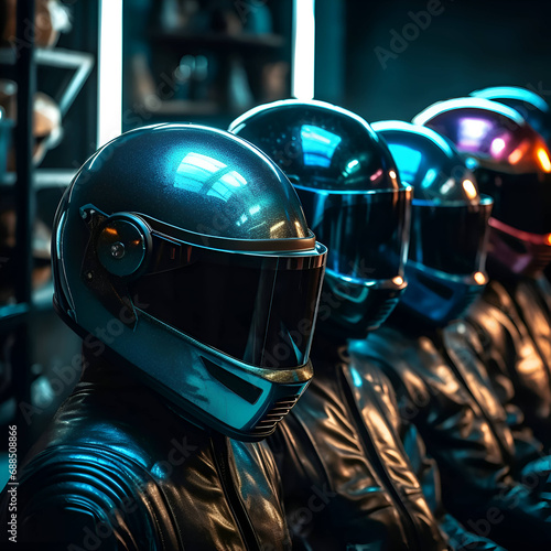 Close-up of a group of futuristic avatars with helmets. 3d rendering