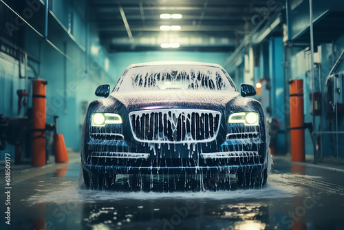 Generative AI Image of Black Car Washed with Foamy Soap Water at Car Wash Service