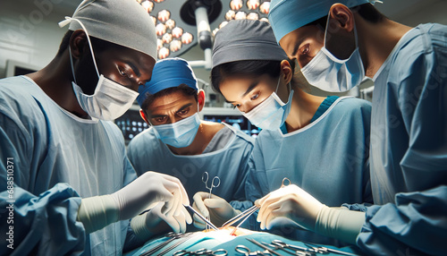 A team of diverse surgeons perform an operation in the medical theater room with large operating lights overhead. Diversity in the medical field.