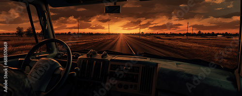 Beautiful view from driver luxury car seat. Evening sunset panorama from car window.