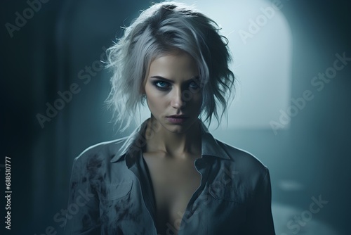 a compelling female antagonist with a threatening appearance and unique style. generative AI