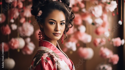 A Woman in a Red and White Kimono