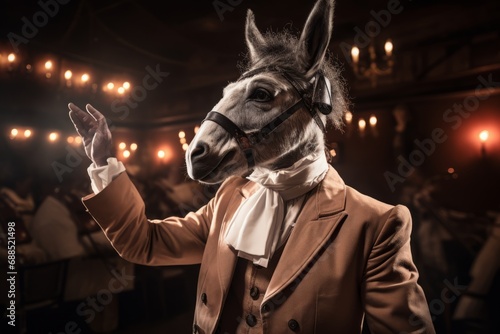  STANDING OVATION! Ironic portrait, Donkey, Applause, Theater, Orchestra conductor, Opera. At the height of his success as an opera musical conductor responds to the applause with a salute.