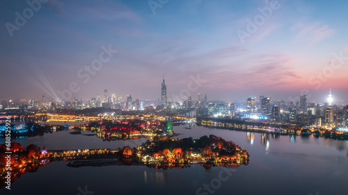 Aerial photography of the night view of the city by Xuanwu Lake in Nanjing