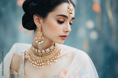 An elegant Indian bride adorned with traditional jewelry, a lace veil, and a lace saree.