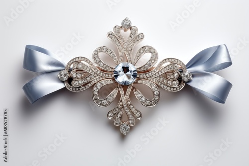 A brooch with a blue ribbon and a bow.
