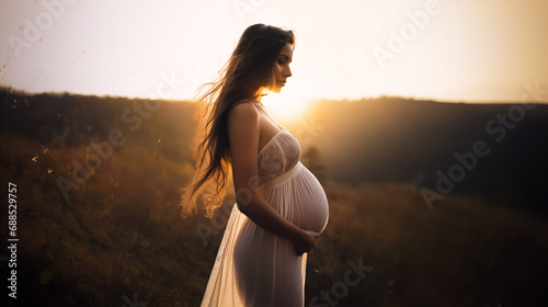Pregnancy photo with young pregnant woman posing in sheer dress in front of bright sunset