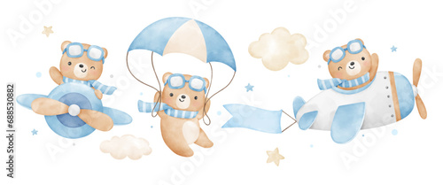 Watercolor baby bear flying adventure Nursery kids Birthday party