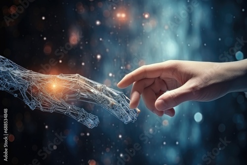 Hands of human and artificial intelligence technology touching for big data network exchange.