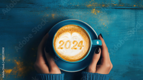 Happy New Year 2024 female hands holding coffee mug on frothy surface of cappuccino served number 2024 in blue coffee mug. new year new you. (top view), generative ai