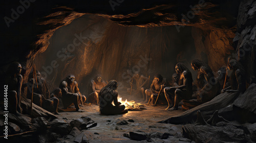 neanderthal cavemen around a fire in a cave