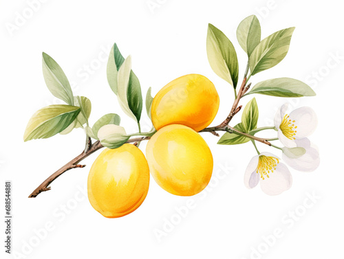 Mirabelle plum (Prunus domestica) with leaves and Blooming Flowers. Watercolour Illustration of Yellow Mirabelle Plum Branch Isolated on White.