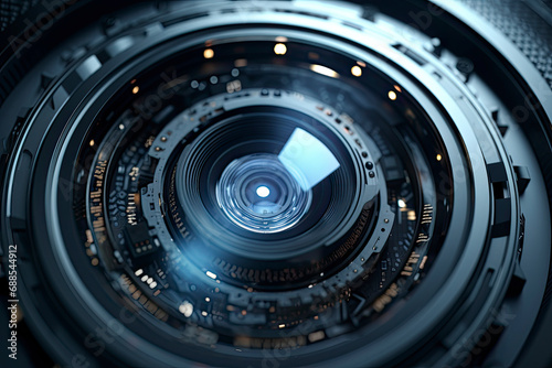 A camera lens with a beautiful close-up optical unit with ai generate, world photography day concept. Camera lens with lense reflections. Close-up of a digital camera. Camera photo lens 3D realistic