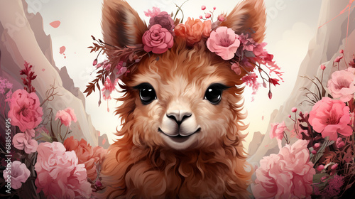 Cute cartoon llama alpaca. llama character head illustration with flower wreath. generative ai