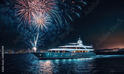 modern rich yacht at night with fireworks