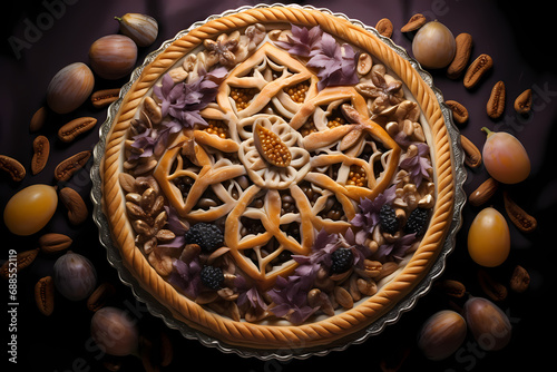 a pie covered with nuts, cinnamon and sugar, in the style of art deco designer, light gold and gray, calotype, light violet and dark orange, medieval, shaped. Galette des rois- epiphany cake and crown