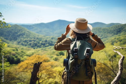  Hikers engage in birdwatching in a national park, observing diverse bird species with binoculars and guidebooks, appealing to nature enthusiasts. 