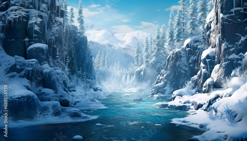 A deep gorge with high ice walls covered with snow. Spruce trees decorate the slopes with snowflakes, and a frozen river flows below.
