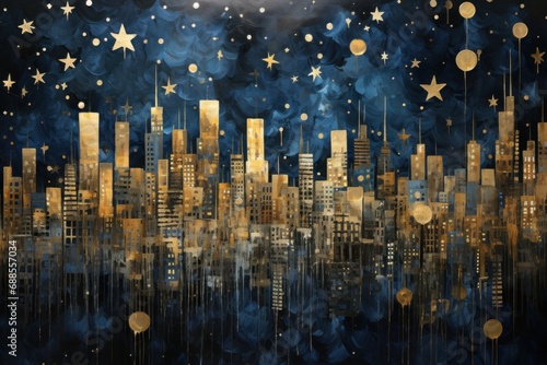 Surreal city skyline at night. painting of gold buildings that are melting or dripping in dark blue sky. Cityscape at night with a star-studded sky above towering skyscrapers.
