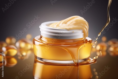 Cosmetic cream jar mock up with honey against the background of honeycombs