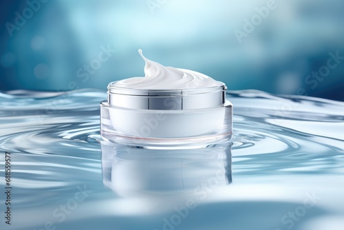 Cosmetic cream blank jar mock up with blue clean water on light pastel background