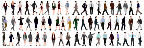 Set or collection of business people. Businessman and woman walking and standing on isolated white back ground. 