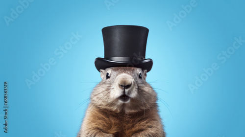 Stylish groundhog in top hat ready for its weather forecast