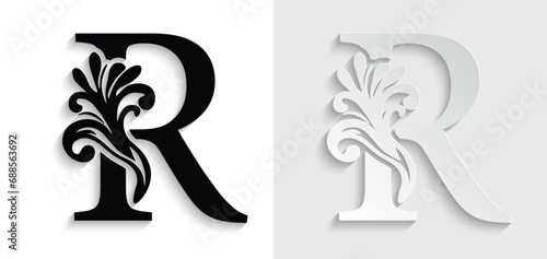 letter R. flower letters. Vintage ornament initial Alphabet. Logo vector 