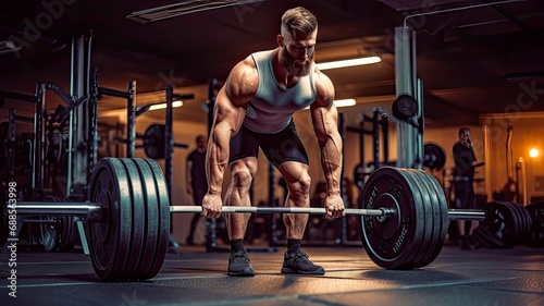 Hipster looking bodybuilder doing deadlifts in gym. Postproducted generative AI illustration. 