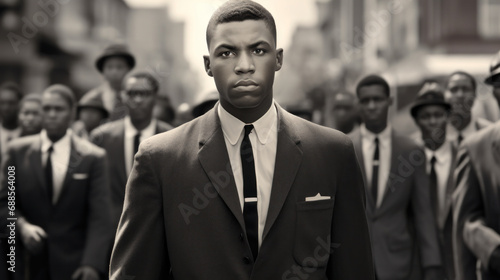 Monochrome image of a resolute man leading a civil rights march during Black History Month