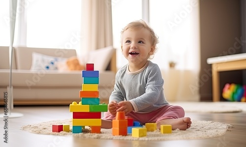 Little Girl Engaged in Playful Exploration With Colorful Stacking Blocks