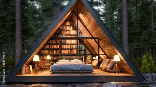 modern cabin with bedroom in a natural environment