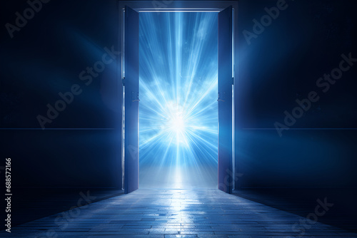 Glowing exit from dark room, open door. Generated AI