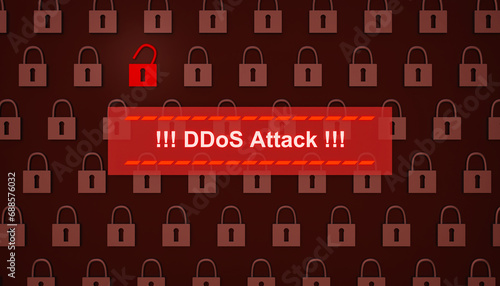 DDoS attack, warning sign on screen. Cyber crime, hacking, threat, network security, computer virus.