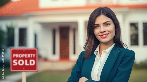 woman holding hands in front of a sold sign and house
