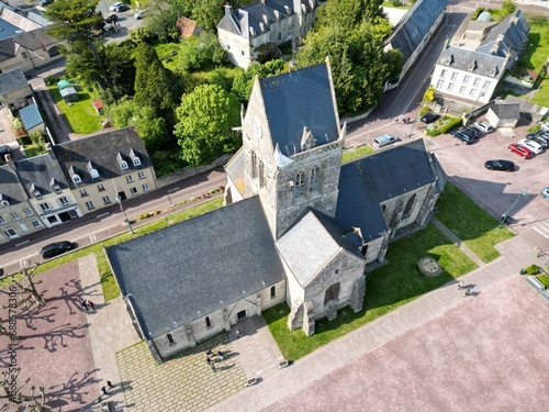 Sainte Mere Eglise Normandy France drone,aerial Paratoopers perspective
