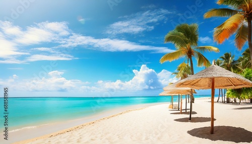 panorama beautiful beach with white sand turquoise ocean and blue sky with clouds on sunny day summer tropical landscape with green palm trees and straw umbrellas with empty copy space