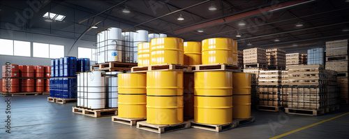 Barrel steel containers in factory warehouse. Color barrels in industrial intariors.