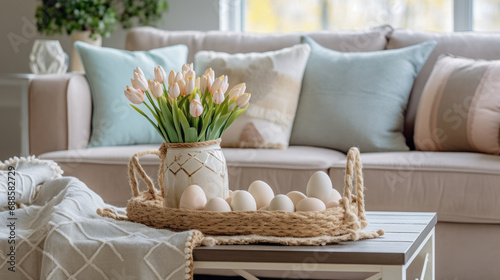 table with a spring tulip bouquet and easter eggs and a sofa with pastel cushions in the background